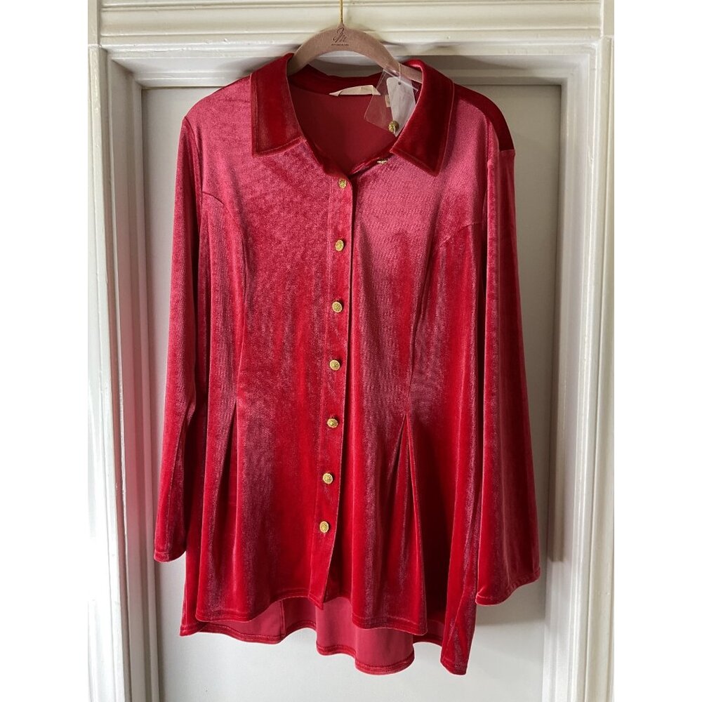 NWT Soft Surroundings Enchanted Velvet Shirt XL Sangria Red Gold Button Details